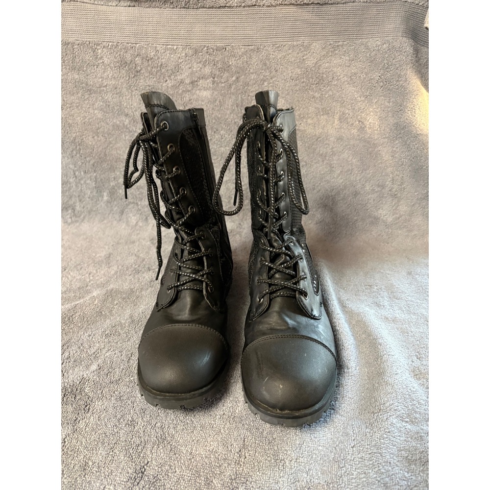 Black Sequin Combat Boots Womens Size 9 Lace Up Side Zip Lug Sole Mid Calf Boots